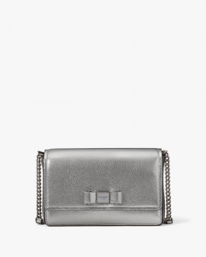 Silver Kate Spade Morgan Bow Embellished Metallic Flap Chain Wallet | QNVE07284